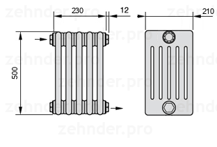 Схема (чертеж) Радиатор Zehnder Charleston 6050/5 №1670 Белый глянцевый RAL 9016